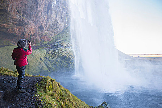 女人,摄影,瀑布,西南,冰岛