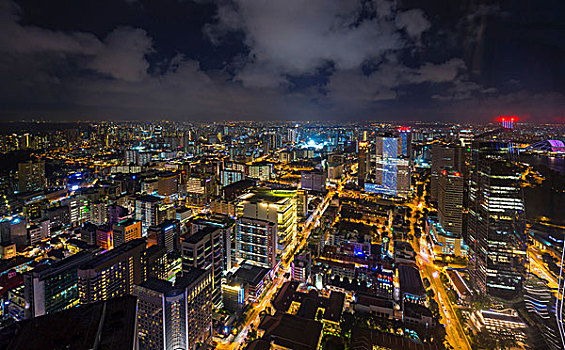 俯拍,城市,城市灯光,夜晚,新加坡,东南亚