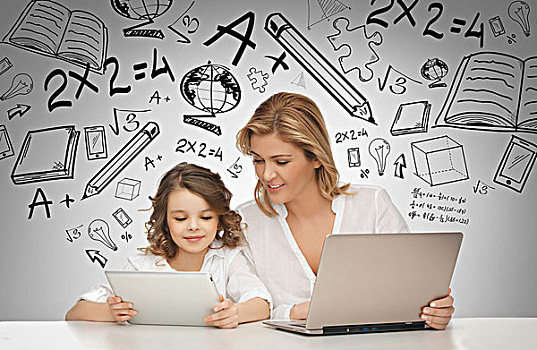 教育,科技,互联网,亲情,概念,女孩,母亲,笔记本电脑