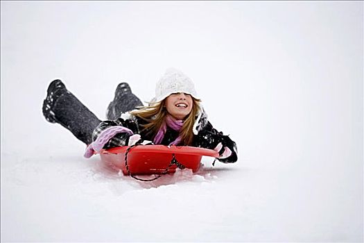 女孩,躺着,雪撬,雪橇运动