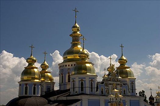 乌克兰,基辅,金色,圆顶,寺院,阳光,壁画,蓝天,云,2004年