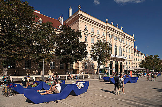 博物馆,区域,大,蓝色,座椅,维也纳,奥地利,欧洲