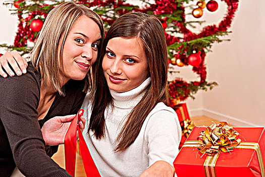 两个,女青年,正面,圣诞树,微笑