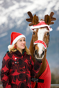 美女,圣诞节,帽子,马,驯鹿,鹿角,药丸,北方,提洛尔,奥地利,欧洲