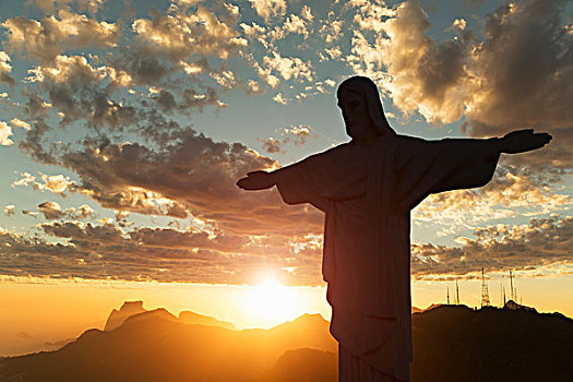 剪影,日落,耶稣,救世主,雕塑,里约热内卢,巴西