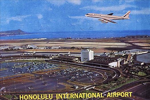 夏威夷,瓦胡岛,檀香山,国际机场,团结,飞行,彩色,明信片