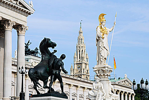 奥地利,议会,建筑,维也纳,道路,雕塑,智神星,雅典娜,马,驯服手,正面,塔,城市,欧洲