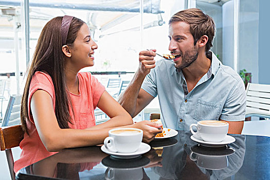 年轻,幸福伴侣,吃,蛋糕,一起,咖啡