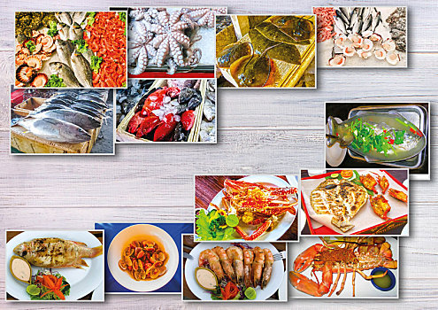 海鲜,抽象拼贴画,生鱼,餐馆,餐具