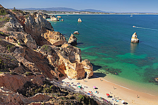 崎岖,岩石,海岸线,海滩,靠近,拉各斯,阿尔加维,葡萄牙,欧洲