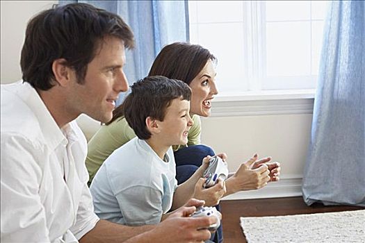 父亲,母亲,儿子,玩,电子游戏