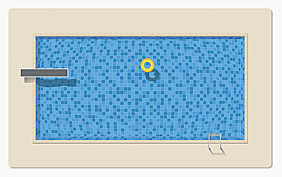 俯视,游泳池,蓝色,瓷砖,跳板,黄色,漂浮