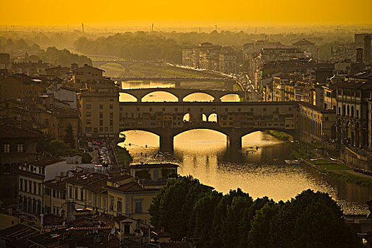 维奇奥桥,桥,阿尔诺河,日落,佛罗伦萨,托斯卡纳,意大利,欧洲