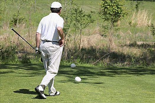后视图,一个,男人,拿着,高尔夫球杆,走,高尔夫球场