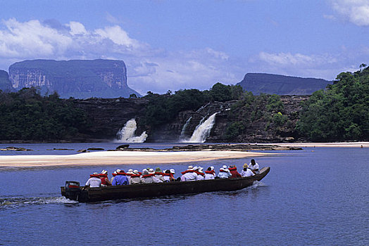 南美,委内瑞拉,卡奈伊玛国家公园,泻湖,瀑布,游船,游客