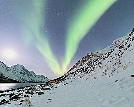 全景,雪,山,光亮,北极光,星,阿尔卑斯山,挪威,欧洲