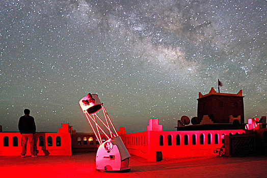 摩洛哥,德拉河谷,扎古拉棉,区域,银河,星空,高处,男人,赞赏,天空,望远镜