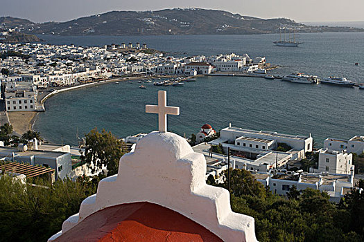 希腊,米克诺斯岛,希腊正教,十字架,俯瞰,港口,城镇