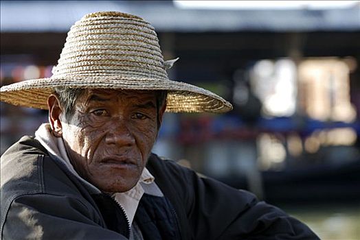 老,缅甸,男人,戴着,草帽,茵莱湖,东南亚