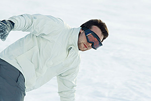 男青年,弯腰,雪中,衣服,滑雪,上半身
