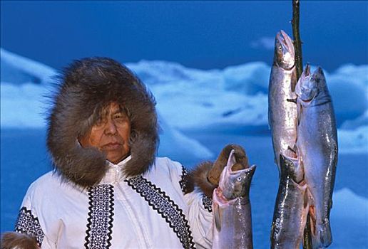 爱斯基摩,男人,三文鱼,冰山,背景,冬季,肖像