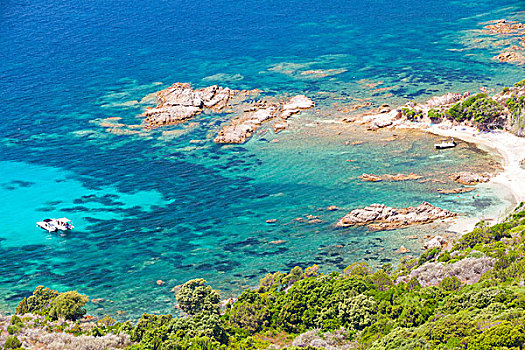 科西嘉岛,岛屿,海边风景,小,汽艇,靠近,野外,岩石,海滩