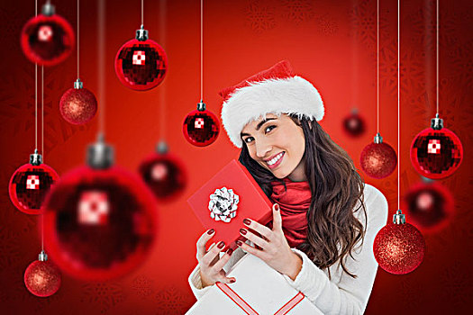 合成效果,图像,微笑,黑发,拿着,圣诞礼物,红色,雪花,背景