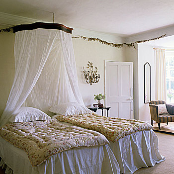 卧室,英国,郊区住宅,篷子,白色,床上用品