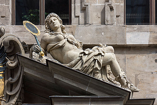 雕塑,智慧,老市政厅,纽伦堡,中间,弗兰克尼亚,巴伐利亚,德国,欧洲