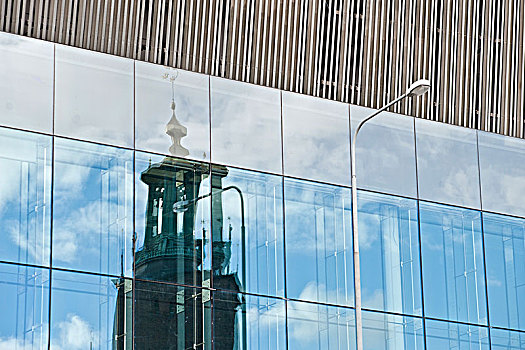 建筑,现代建筑,反射,斯德哥尔摩,市政厅