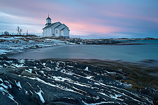 教堂,海岸,黄昏,罗弗敦群岛,挪威,欧洲