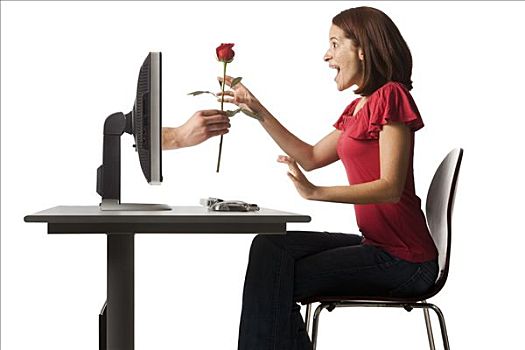 概念,女青年,红玫瑰,室外,电脑