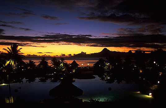 法属玻利尼西亚,社会群岛,塔希提岛,酒店,日落,水池,背景