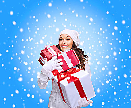 圣诞节,圣诞,冬天,高兴,概念,微笑,女人,毛衣,帽子,许多,礼盒