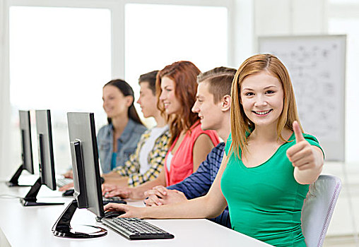 教育,科技,学校,概念,微笑,女学生,同学,电脑课,展示,竖大拇指