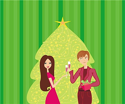 年轻,情侣,调情,饮料,香槟,靠近,圣诞树