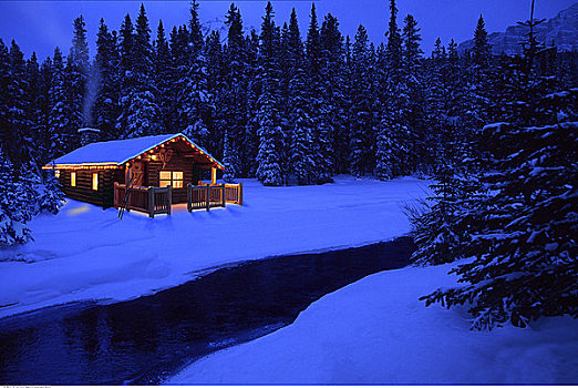 木屋,河流,冬天,黄昏