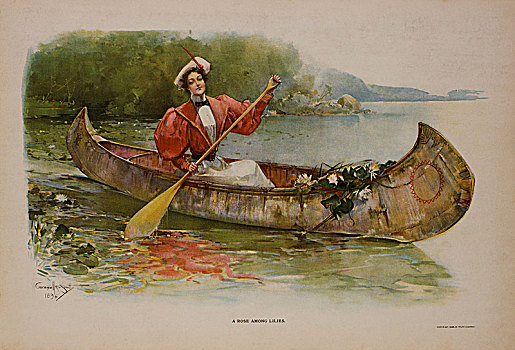 玫瑰,百合,沃尔特,水彩,纸,1896年,女人,独木舟,船,桨,历史