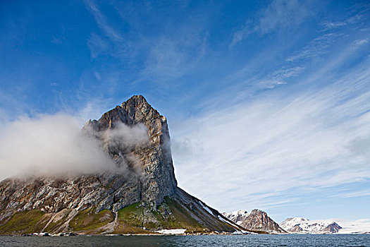 挪威,斯瓦尔巴特群岛,斯匹次卑尔根岛,岛屿,叫,石头,山,入口,夏天,早晨