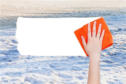 手,冬天,雪,橙色,抹布