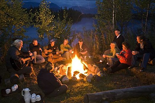 成年,坐,营火,唱,交谈,享受,温暖,火,相互,伙伴,冬天,湖,住宿,夏天,阿拉斯加