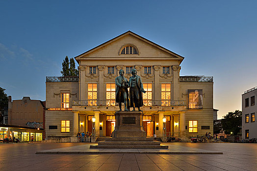德国,国家剧院,歌德,纪念建筑,黃昏,魏玛,图林根州,欧洲