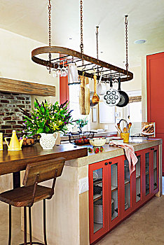 厨房操作台,合适,柜厨,仰视,厨具,悬挂,架子,现代,厨房
