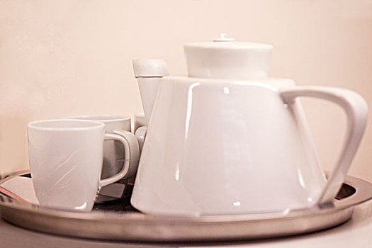 一套白色的陶瓷茶具放在托盘中