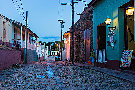 古巴,特立尼达,鹅卵石,街道,黃昏