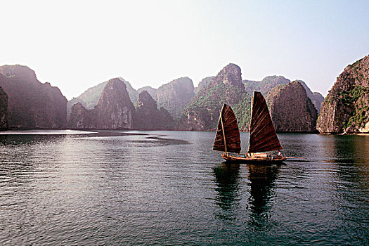 越南,下龙湾,捕鱼,帆船,航行,岛屿