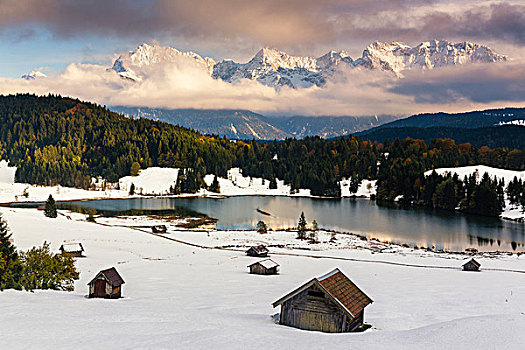 干草,小屋,湖,早,雪,正面,陆地,上巴伐利亚,德国