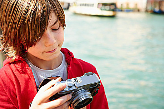 男孩,检查,照片,相机,威尼斯,意大利