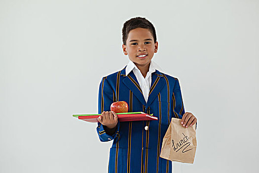 男生,拿着,苹果,书本,一次性用品,午餐,包,白色背景,头像
