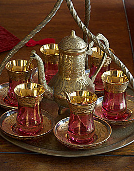 土耳其,风格,红色,玻璃杯,黄铜,茶壶,托盘